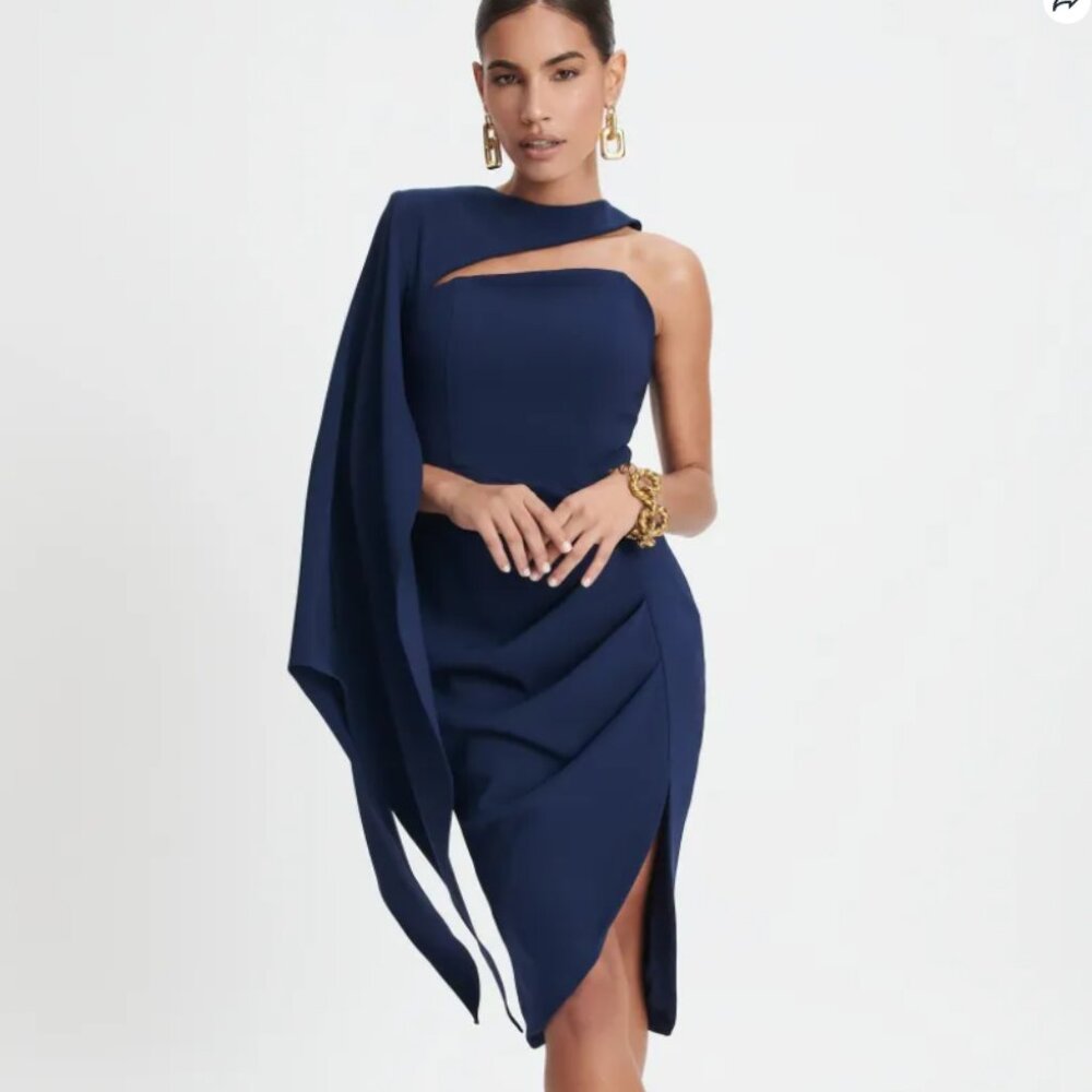 LAVISH ALICE Gianna One Shoulder Cape Midi Dress in Navy Blue